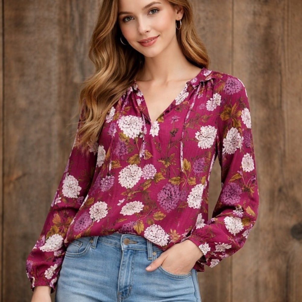 NWT Ann Taylor Factory Pink Floral Peony Blouse XSP Petite Long Sleeve Top